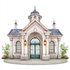 Fototapeta premium Elegant Stone Building with Arched Entrance, Lanterns, and Lush Floral Accents