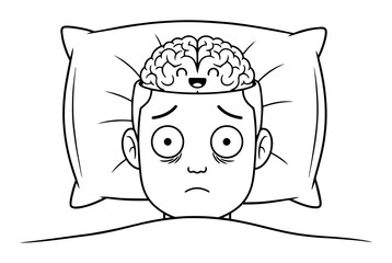 insomnia concept sleepless man with active brain vector cartoon
