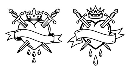 old school tattoo heart with swords crown and banner vector