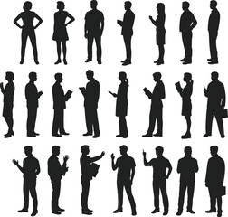 Silhouette of office professionals standing, working with documents, holding phones, discussing ideas, business people figures, black vector illustration, communication concept