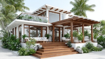 Fototapeta premium Luxury Modern Villa with Tropical Garden, Wood Deck, and Pergola Architecture