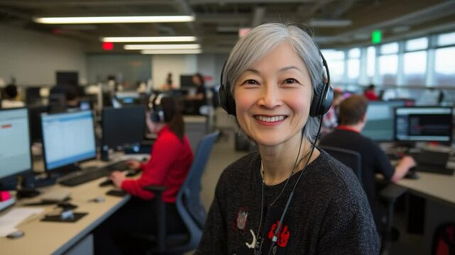 Smiling woman wearing headphones in a busy modern office setting representing professional communication and customer service