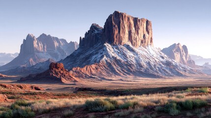 Monument Valley Landscape with Snow-Capped Buttes and Desert Vegetation at Sunrise