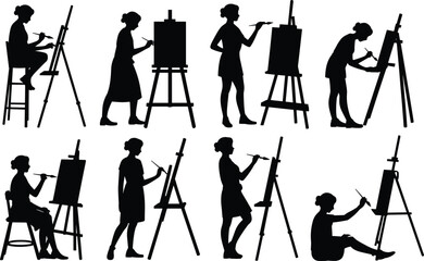 Silhouette vector of women painting, art studio scene, female artist at easel, creative drawing pose, flat CAD illustration design