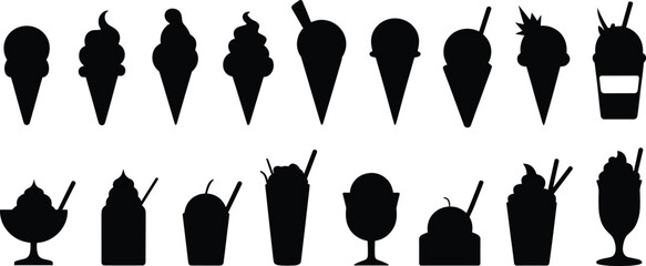 Silhouette vector set of ice cream cones, desserts, milkshakes, sundae glasses, sweet treats icons, black flat design illustration