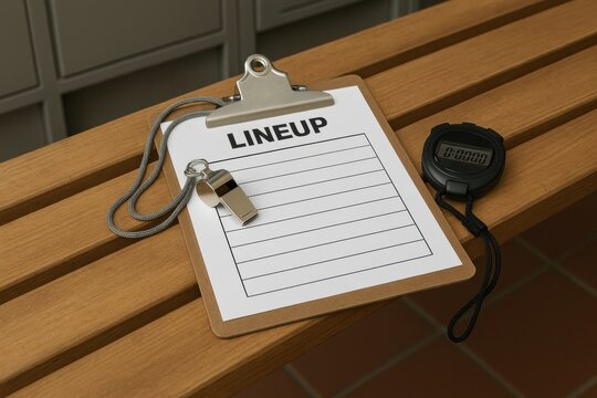 Whistle, Clipboard, and Stopwatch Ready for Sports Practice Lineup Preparation in a Gym Setting