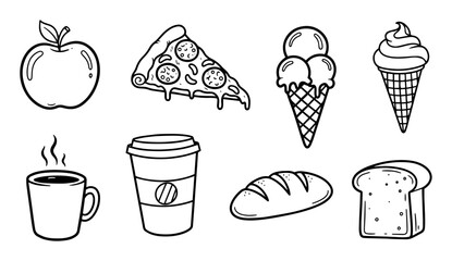 hand drawn food icons set fruit pizza ice cream coffee bread
