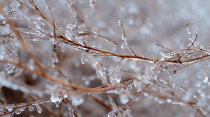 Close-up of a branch of a tree covered in ice crystals. the branch is brown in color and appears to be bare, with no leaves or twigs.