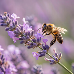close up of honeybee on blooming lavender shallo