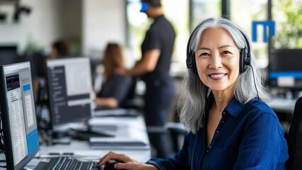 Mature woman wearing headset engaged in office work on computer - Powered by Adobe