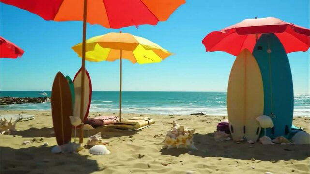 Colorful Beach Scene with Umbrellas Surfboards and Seashells on Soft Sand and Clear Sky
