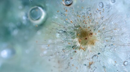 Close-up of a microscopic view of a flower. the flower appears to be a dandelion, with its petals spread out in a star-like shape.