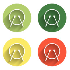 Set Musical instrument drum and drum sticks icon isolated with long shadow background. Color circle button. Vector