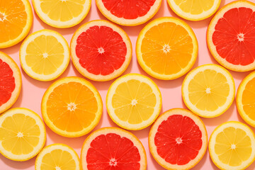 Vibrant Citrus Slices Arranged on Pink Surface for Healthy Food and Refreshing Summer Concept