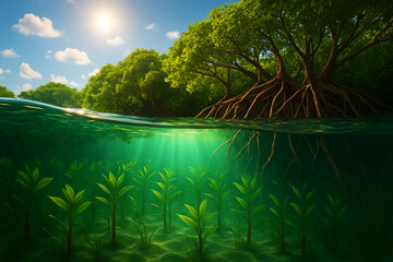 Split view of lush green mangrove forest with visible roots and underwater plant life