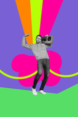 Exclusive artwork banner creative collage of happy girl guy dance chill party relax weekend...