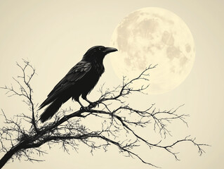 Raven perched on a branch, with simple against full moon. Hand draw sketch illustration isolated on white background