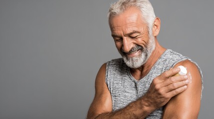 Senior man applying pain relief cream on his shoulder.