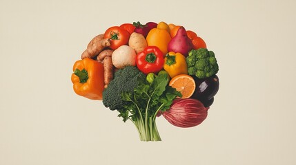 Artistic Representation of a Brain Composed of Various Colorful Vegetables and Fruits