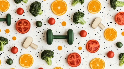 Abstract Visual Representation of Fat Cells Surrounded by Colorful Fruits and Gym Equipment