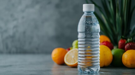 Large Water Bottle Surrounded by Fresh Fruits and Vibrant Background