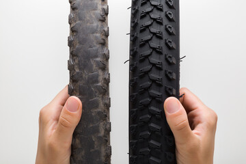 Young man hands holding and showing new and old bicycle tire tread on light gray background....