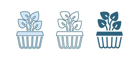 Blue Indoor plant ivy in a pot icon isolated on white background. Branch with leaves. Vector