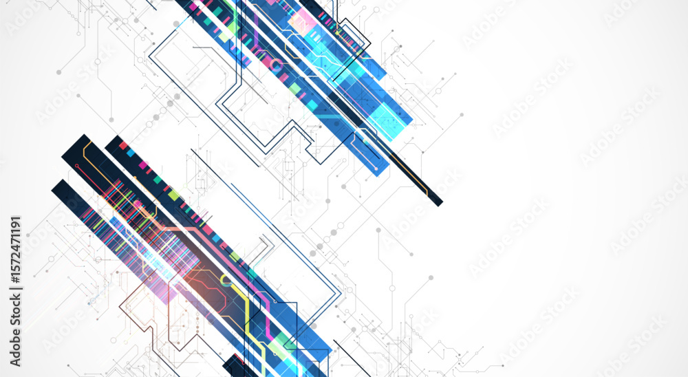 Wall mural technological background with colorful squares glowing on a blue gradient. vector.