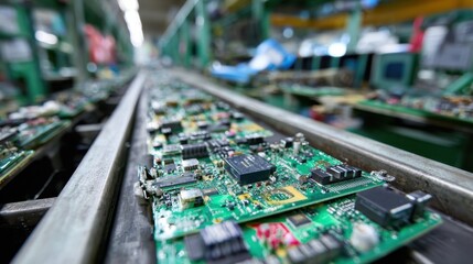 Focused image of circuit boards and electronic parts on a conveyor belt emphasizing the intricate process of ewaste recycling and the transformation of waste into valuable raw materials
