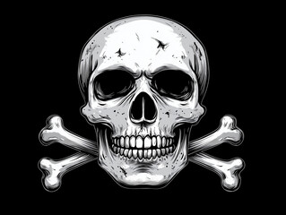 White skull with crossed bones. Hand draw sketch illustration isolated on black background