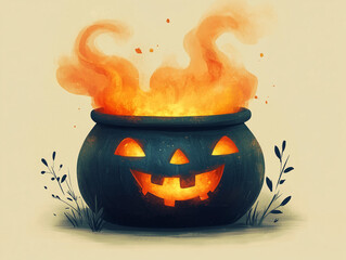 Black cauldron with red and yellow steam like fire rising from it and decorated with eyes and smile. Watercolor style illustration isolated on beige background
