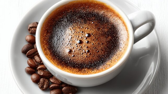 Aromatic Coffee Cup with Rich Foam and Roasted Coffee Beans on White Background