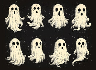 Set of ghosts figures with rounded shapes and minimal facial features.. Hand draw sketch illustration isolated on black background