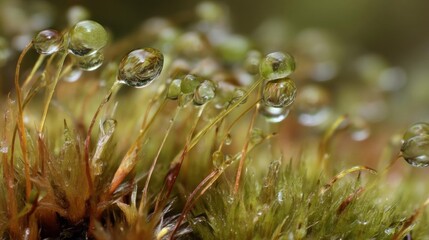 Close-up of a group of small, round, transparent water droplets on a green moss-covered plant. the droplets are glistening in the light and are scattered across the surface of the moss.