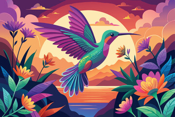 Fototapeta premium Hummingbird flying in the sky among the flowers. Vector illustration