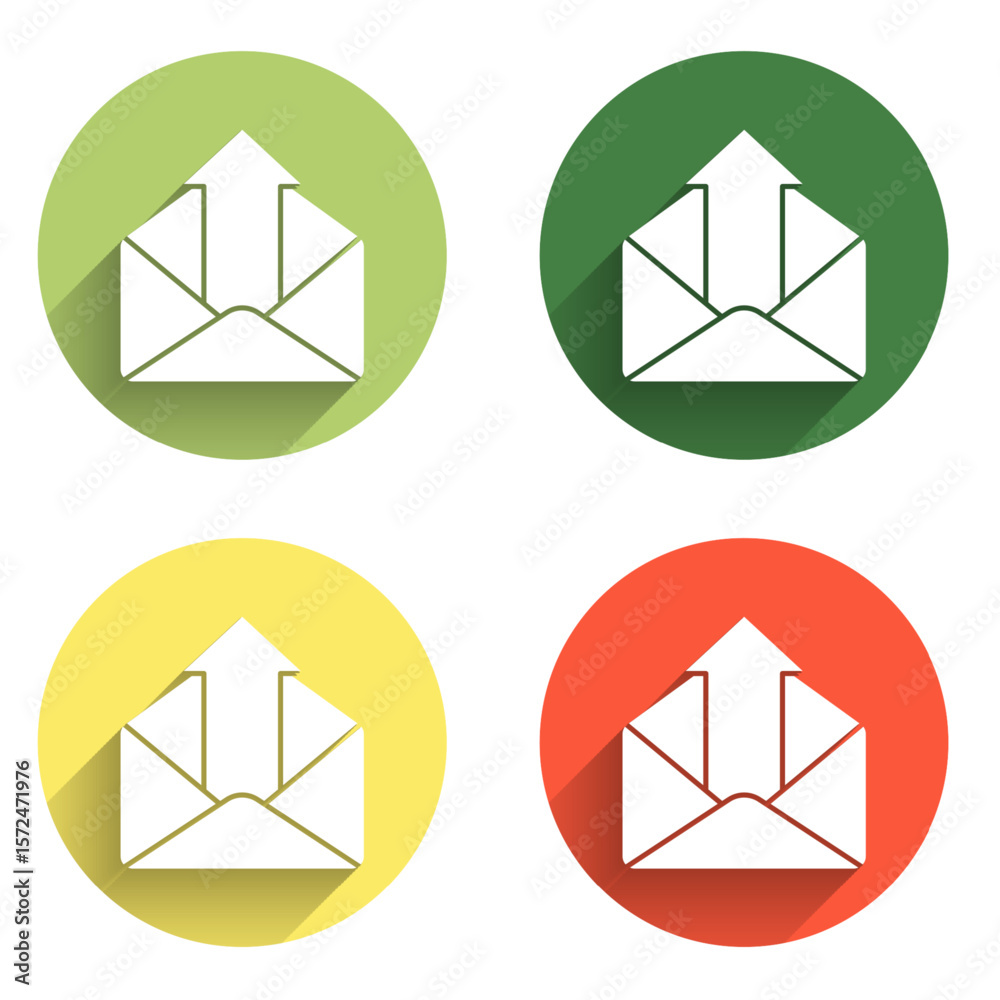 Poster set outgoing mail icon isolated with long shadow background. envelope symbol. outgoing message sign.