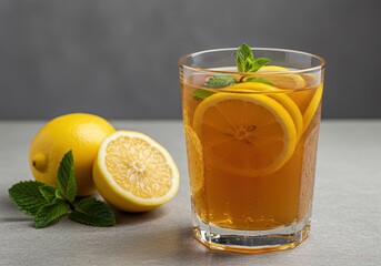 Refreshing Lemon Beverage with Slices and Mint Leaves Served in a Glass with Whole Lemons on a Gray Background