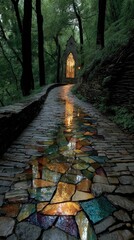 Enchanted Woodland Path Leading to Illuminated Stone Chapel