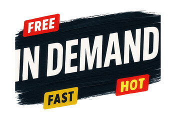 Fototapeta premium Black brushstroke sticker with FREE, FAST, HOT, IN DEMAND text in bold style, dynamic retail promotion on transparent background.