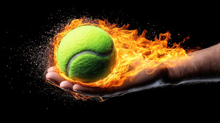 A fiery tennis ball blazes with intense flames while resting in a hand