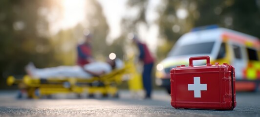 The first aid kit and emergency responders attending to a patient outdoors.