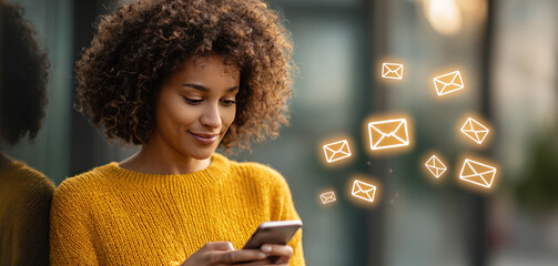 Smiling Young Woman In Yellow Sweater Using Smartphone With Floating Email Icons Creating Digital Communication