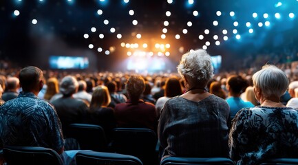 Une foule nombreuse dans le public d'une conférence, assis, observant et écoutant une présentation sur scène, vue de dos avec un arrière-plan flou avec lumières bokeh.
