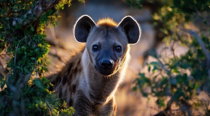 Une hyène dans la savane africaine entre les arbres et les buissons, illuminée par le soleil, le regard fixé sur l'objectif.