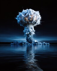 Une explosion nucléaire dans l'eau, ciel sombre, contraste élevé, éclairage blanc, tons bleus.