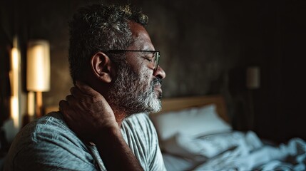 Side view of man rubbing his sore neck after sleeping in a bad position.