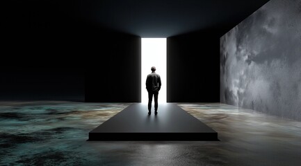 Un homme, les mains dans les poches, vue de dos, se tenant dans une pièce vide sombre avec une ouverture lumineuse créant une atmosphère mystérieuse, image avec espace pour texte