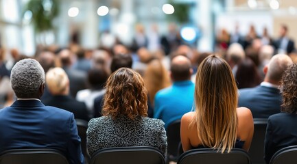 Du public lors d'une conférence, assis, observant et écoutant une présentation sur scène, vue de dos avec un arrière-plan flou avec lumières bokeh.