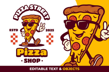 Pizza Retro Mascot Logo for Pizza Shop and Cafe. Cartoon Character Vector Illustration in Vintage Style