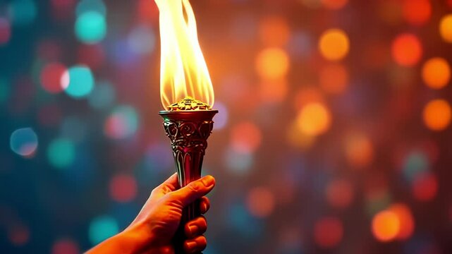 Hand holding a burning torch with colorful bokeh background. Symbol of hope, victory, celebration, and sport event concept. Footage.
